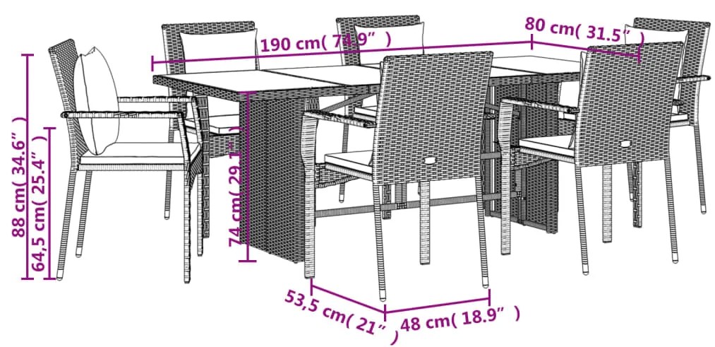 7 pcs conjunto de jantar p/ jardim c/ almofadões vime PE preto