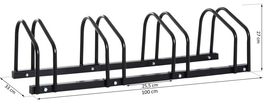 HOMCOM Estacionamento para 4 Bicicletas Suporte de Aço para Estacionar Bicicletas no chão para Interior e Exterior 100x33x27cm Preto