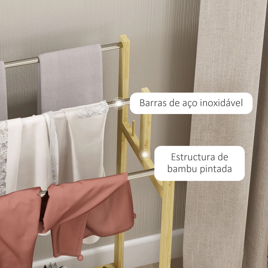 Toalheiro de Pé de Bambu com 3 Barras de Aço Inoxidável Prateleira Aberta 50,5x31x90 cm Natural