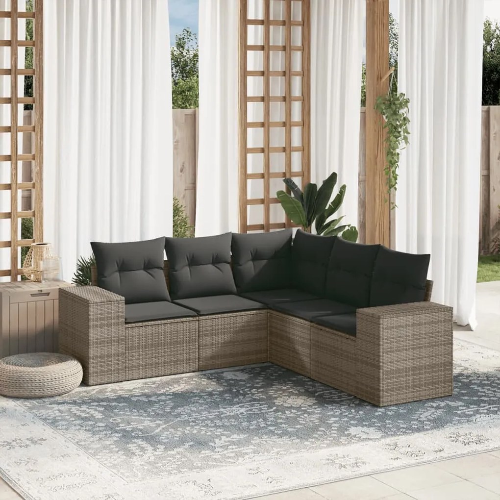 5 pcs conjunto sofás de jardim c/ almofadões vime PE cinzento