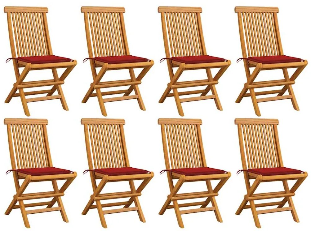 vidaXL Cadeiras de jardim c/ almofadões vermelhos 8 pcs teca maciça