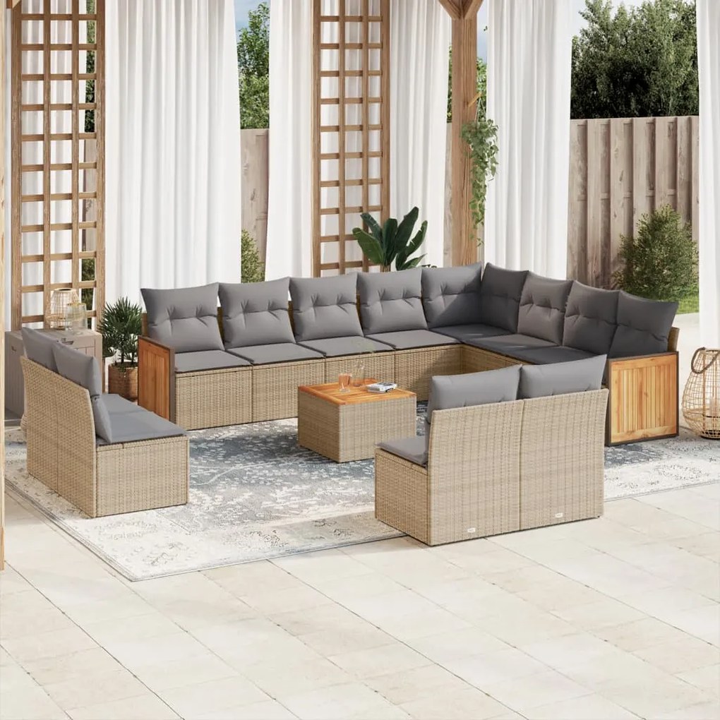 13 pcs conjunto de sofás p/ jardim com almofadões vime PE bege
