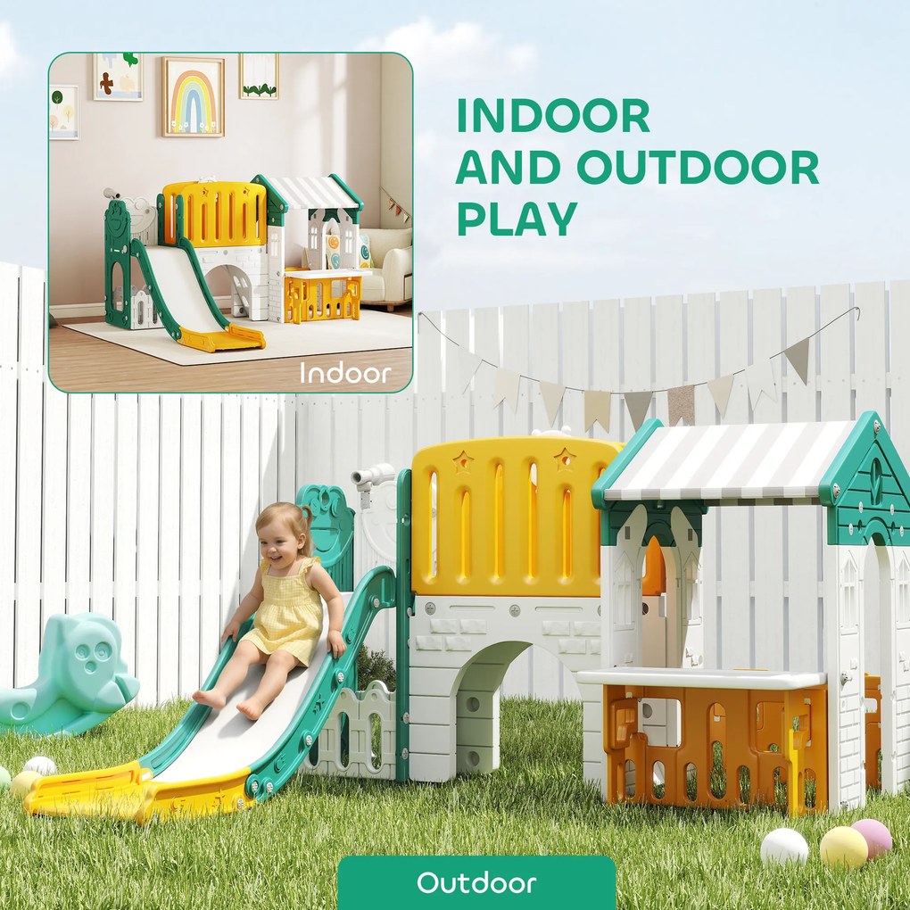 Escorrega Infantil 7 em 1 com Casinha para Crianças com Aro de Basquetebol Túnel Quadro Telescópio 189x180x111 cm Amarelo e Verde