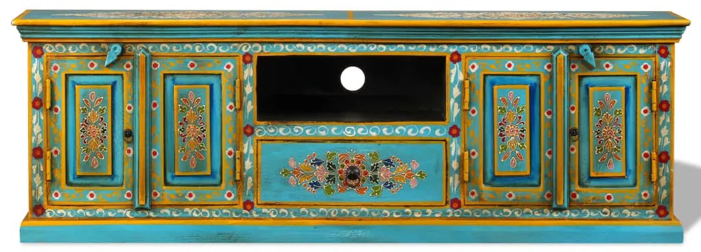 Armário TV madeira mangueira maciça azul, pintado à mão