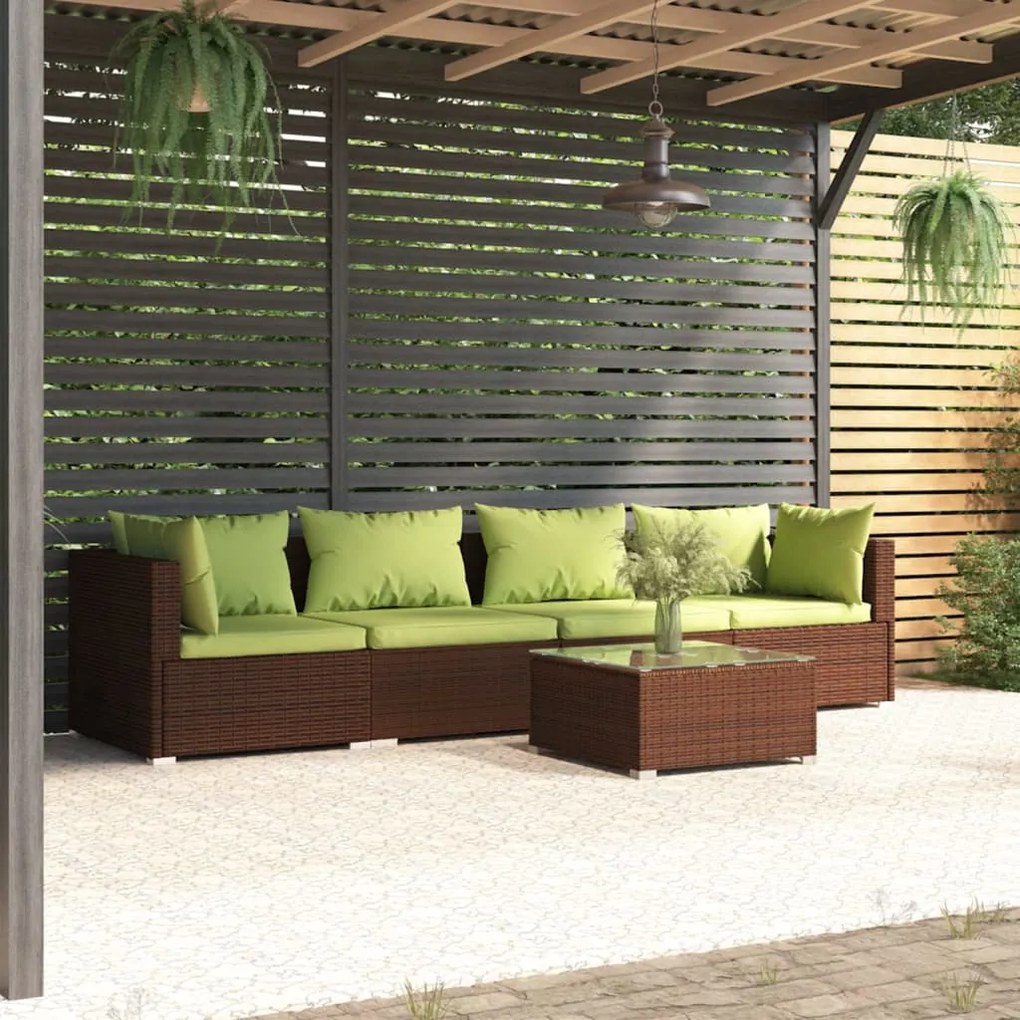 5 pcs conjunto lounge de jardim c/ almofadões vime PE castanho