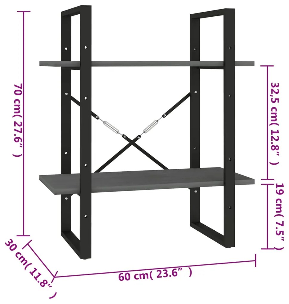 Estante com 2 prateleiras 60x30x70 cm pinho maciço cinzento