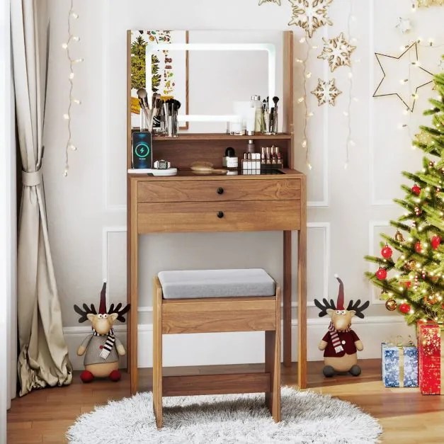 Toucador com espelho e iluminação Mesa de maquilhagem com tomadas elétricas 3 modos de iluminação e banco acolchoado natural