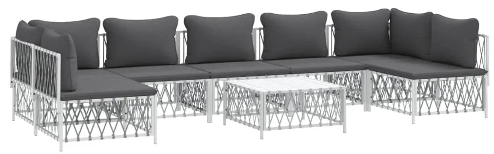 8 pcs conjunto lounge de jardim com almofadões aço branco