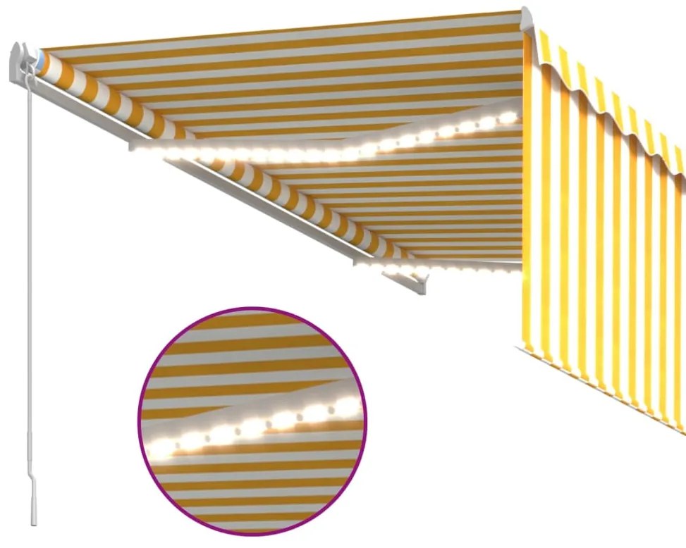 Toldo retrátil manual com estore/LED 3,5x2,5 m amarelo e branco
