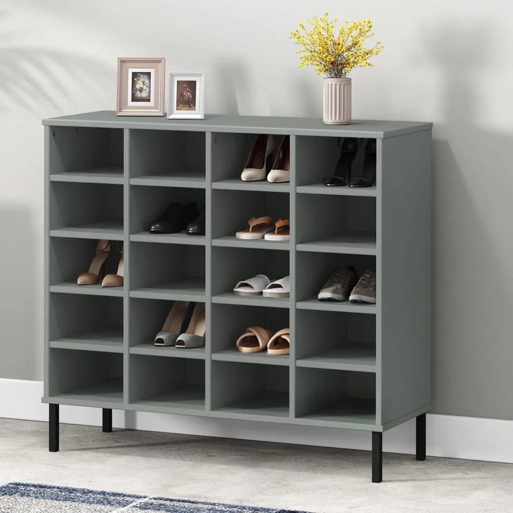 vidaXL Sapateira pernas metal 95x35x86 cm madeira maciça OSLO cinzento