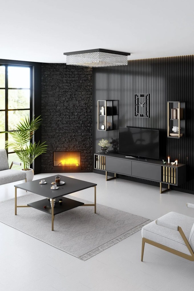 Móvel de TV "Gold" com 2 Prateleiras de Parede – Antracite e Dourado -