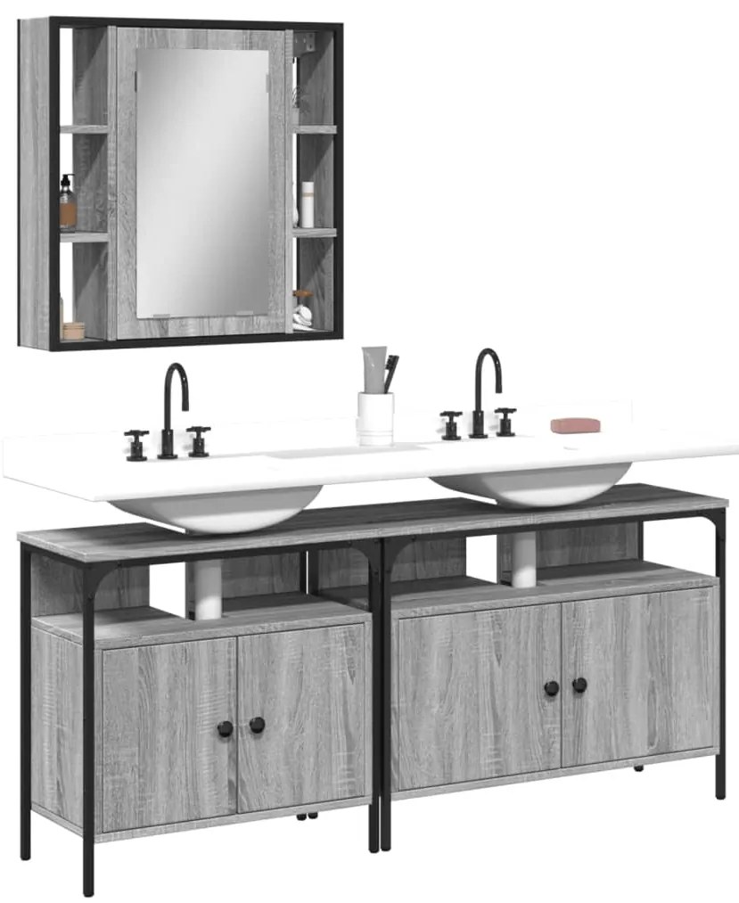 3 pcs conjunto móveis WC derivados de madeira cinzento sonoma
