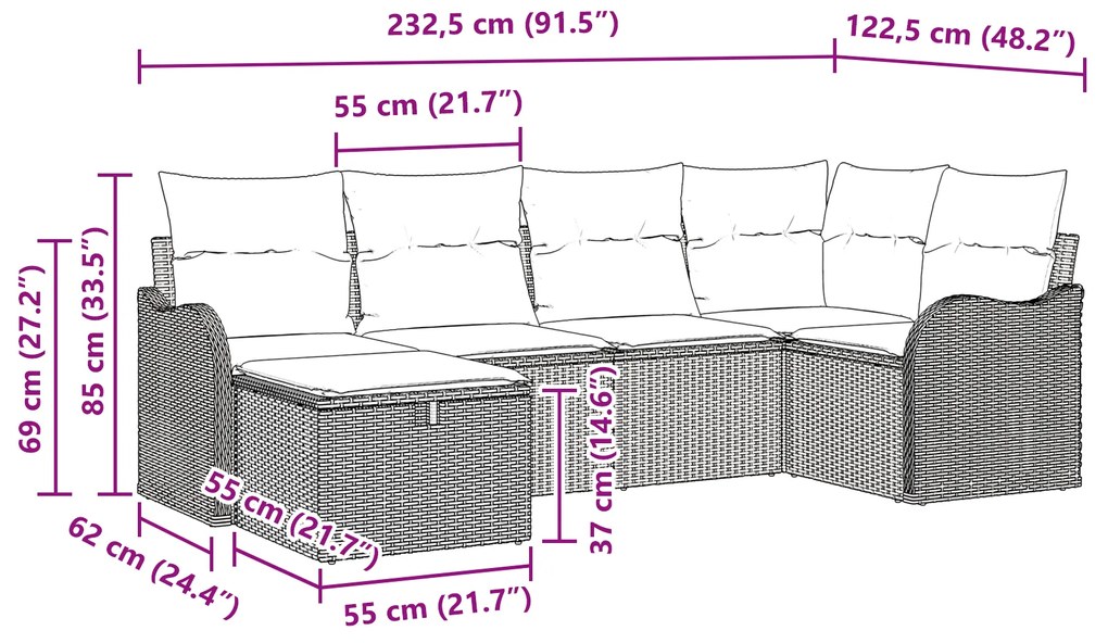 Conjunto de Sofá Jardim vidaXL 6 Peças com Almofadas Bege em Rattan Po