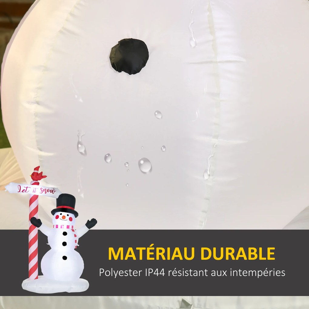 Boneco de neve insuflável altura 213 cm com cartaz de 3 LEDs, em poliéster impermeável, branco