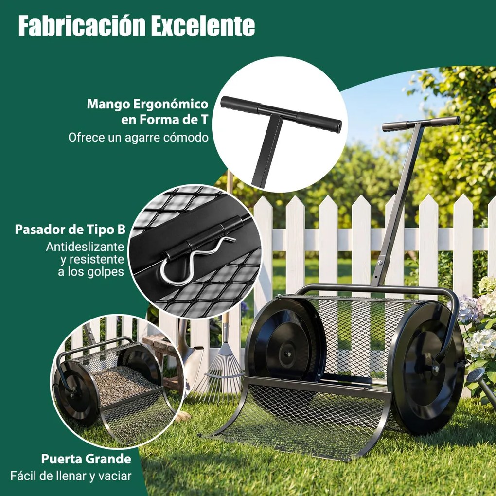Espalhador de composto para Jardim de 31 cm com rolo para turfa e cabo em T ajustável em altura, com cesto de malha metálica para jardim ou relvado, p