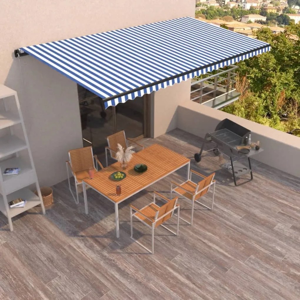 vidaXL Toldo retrátil manual 600x350 cm azul e branco