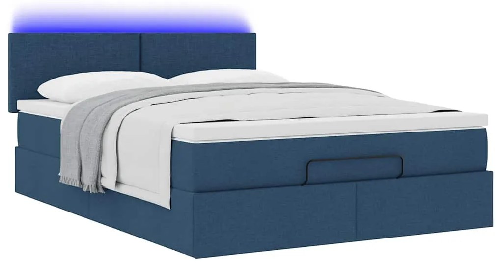 Estrutura de cama otomana com colchão tecido azul 140x200cm