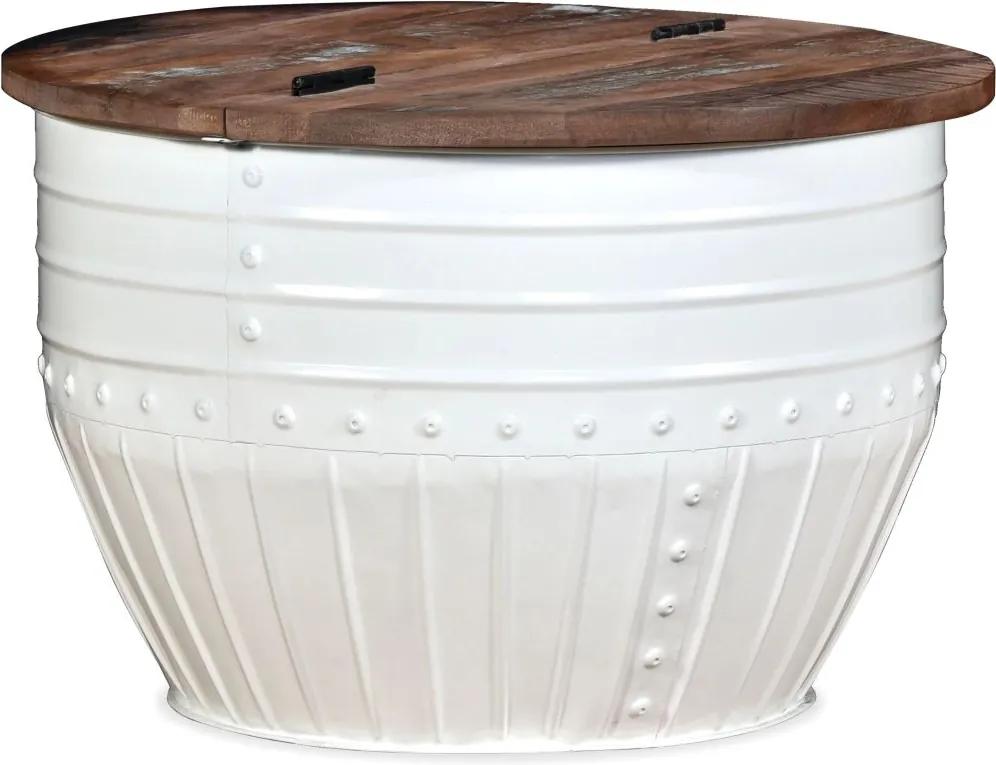 Mesa centro madeira reciclada maciça branca em forma de barril