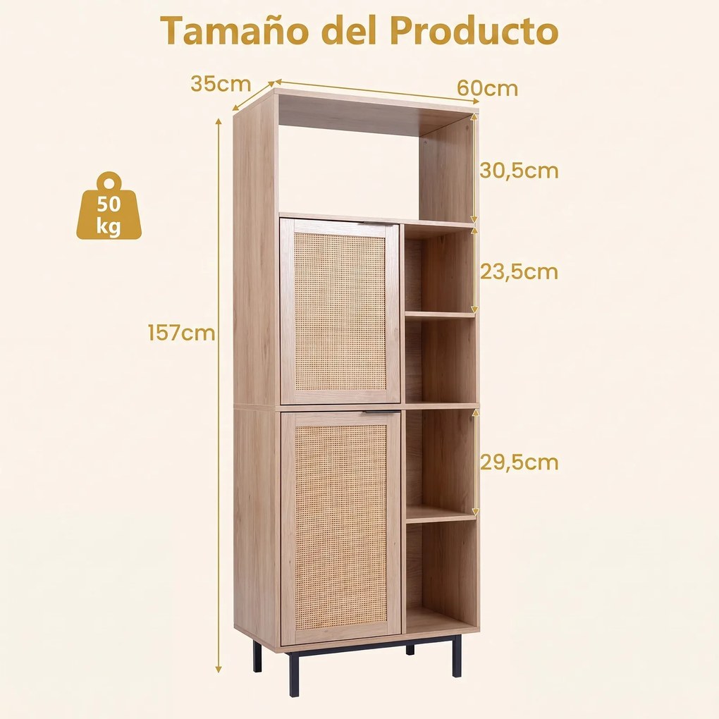 Estante de Arrumação, 60 x 35 x 157 cm, Portas de Vime Entrançado, Natural