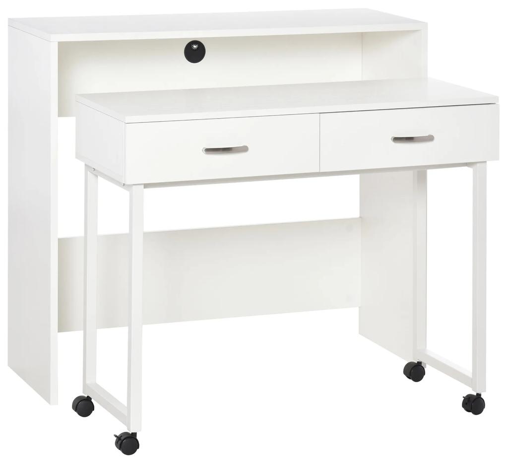 Conjunto de 2 mesas secretária para escritório com rodas 2 gavetas 100x36x88 cm Branco
