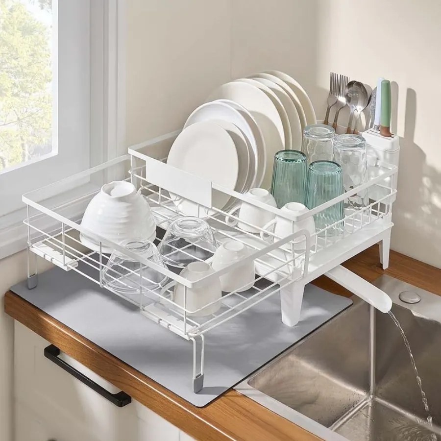 Escorredor de louça com tapete de silicone e ralo (31-56) x 42 x 20 cm branco + cinzento