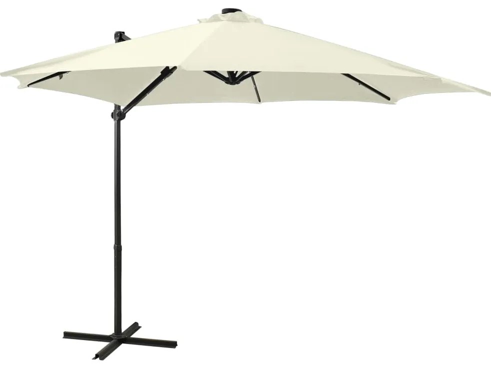 Guarda-sol jardim cantilever c/ poste e luzes LED 300 cm areia