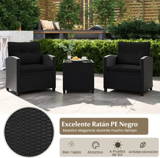 Conjunto de móveis de jardim de 3 peças de rattan com almofadas de assento e encosto e Mesa de centro de vidro temperado preto / preto