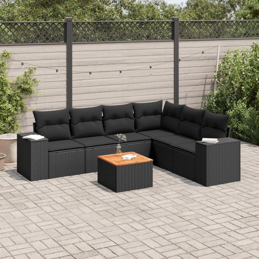 7 pcs conjunto de sofás p/ jardim c/ almofadões vime PE preto