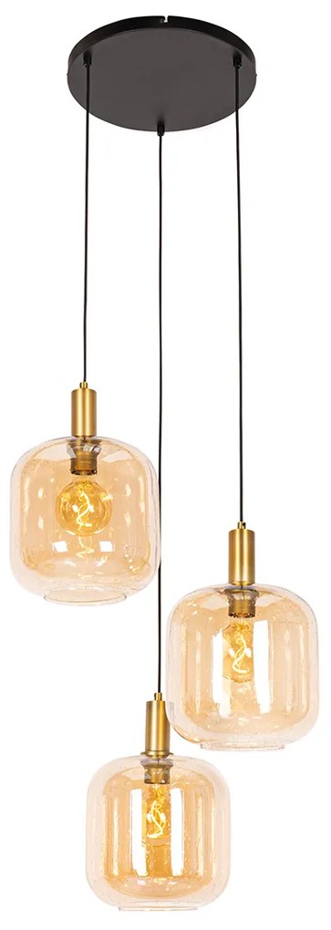 Candeeiro de suspensão design preto com latão e vidro âmbar 3-luzes - Zuzanna Design