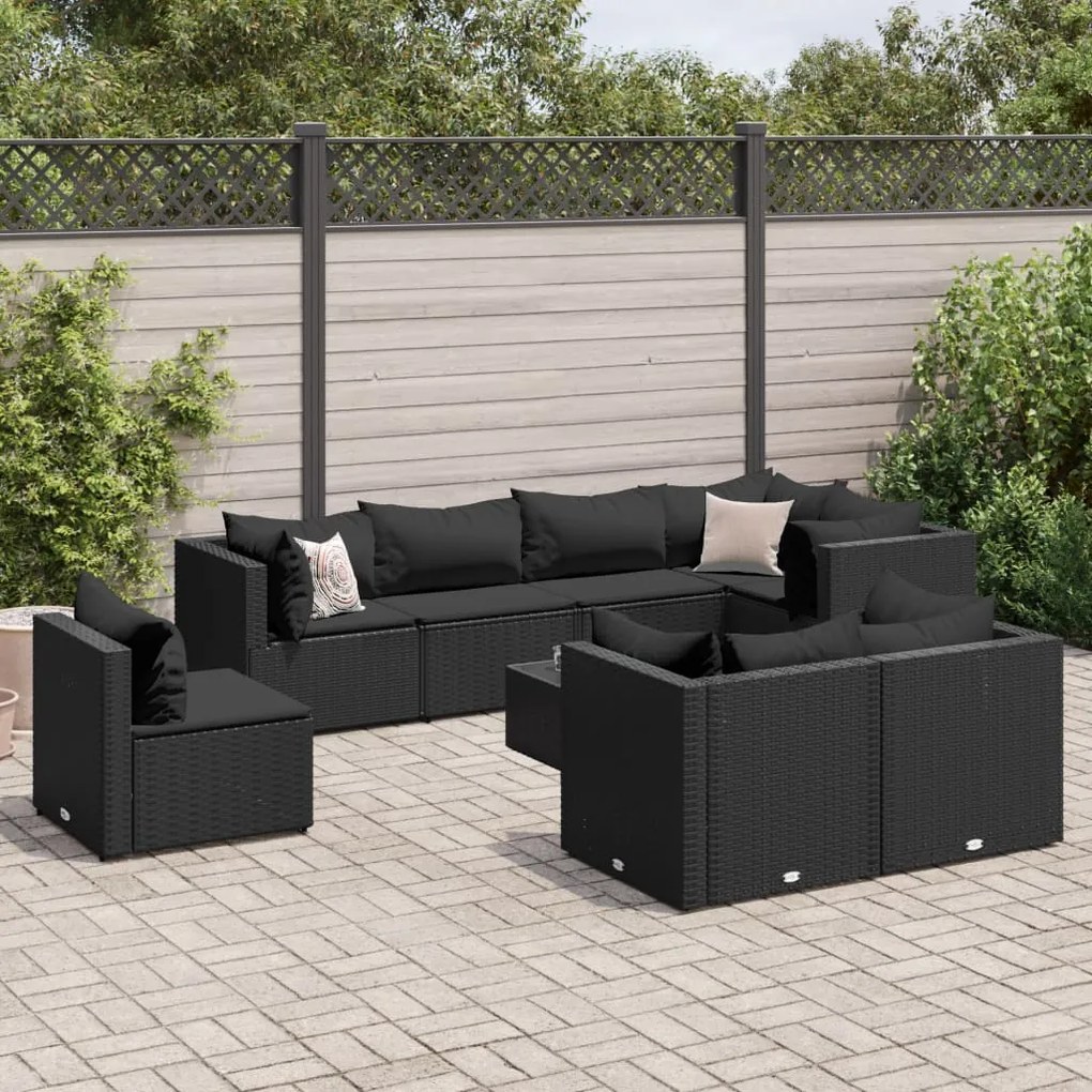 9 pcs conjunto lounge de jardim c/ almofadões vime PE preto