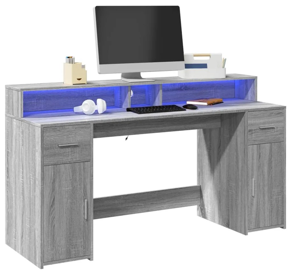 vidaXL Secretária luzes LED 160x55x91cm deriv. madeira cinzento sonoma