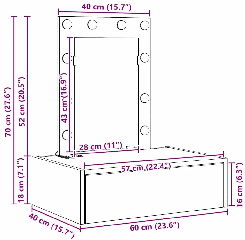 Mesa de Maquagem Suspensa com Luzes de LED Madeira Velha