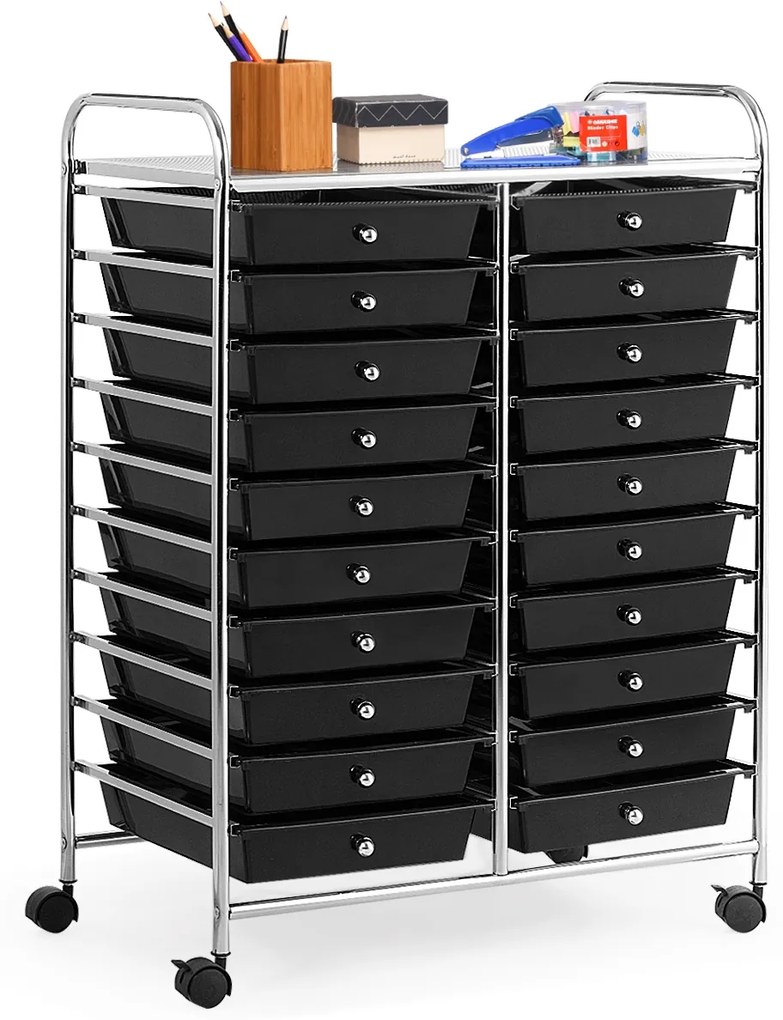 Carrinho com 20 gavetas multiusos leve  64 x 39 x 88 cm Preto