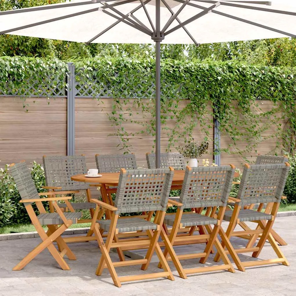 Cadeiras de jardim dobráveis 8 pcs vime PE/madeira maciça cinza
