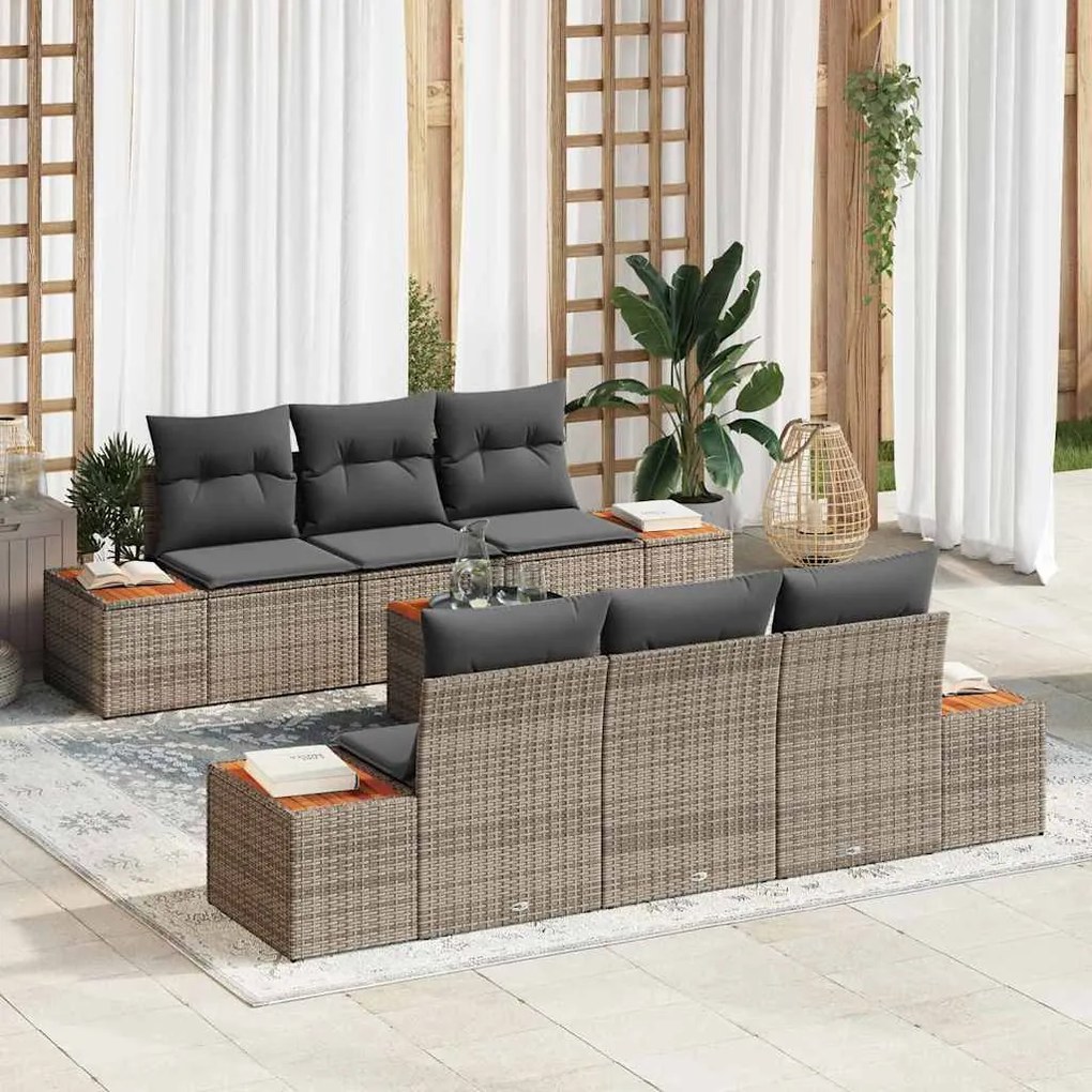 vidaXL Conjunto de Sofá de Jardim em 7 Peças com Almofadas Cinza, Rattan Sintético e Acácia