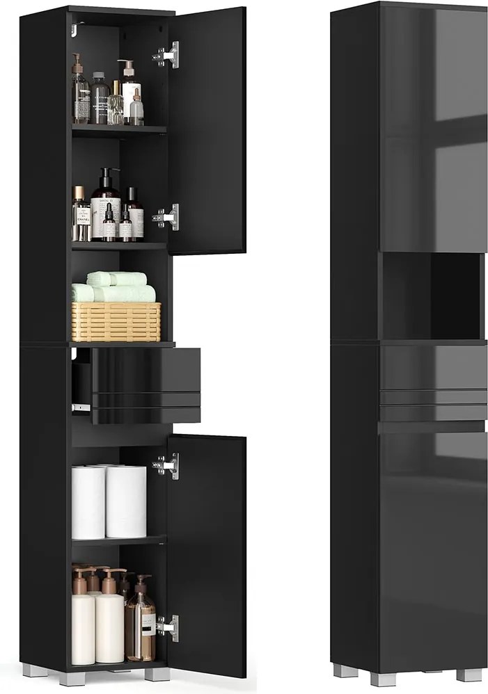 Armário casa de banho alto estreito com porta de vidro 30 x 30 x 170 cm Preto