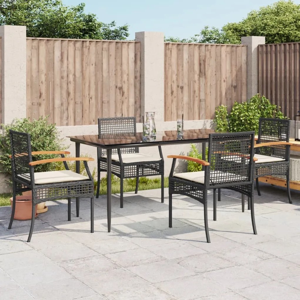 5 pcs conjunto de jantar p/ jardim c/ almofadões vime PE preto
