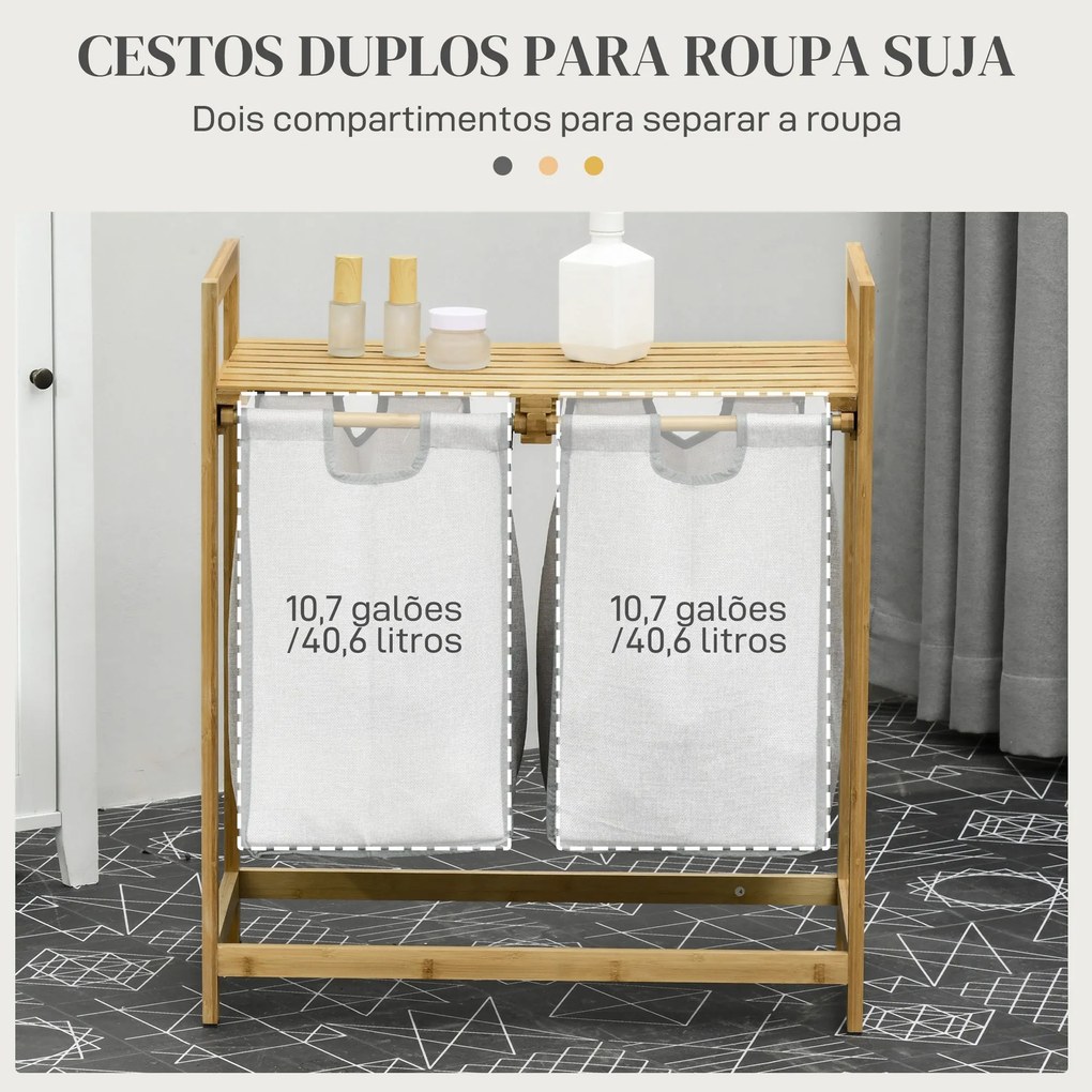 Cesto de Roupa de Bambu Cesto de Roupa Suja com 2 Bolsas Amovíveis e 2