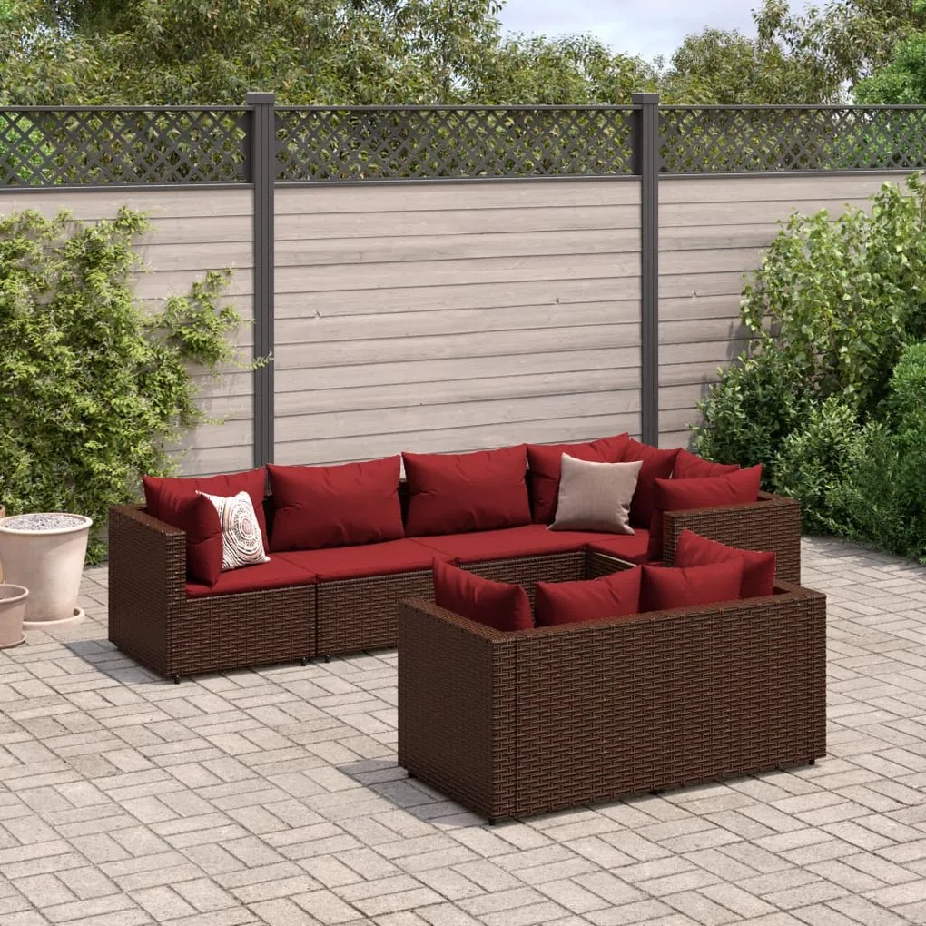 7 pcs conjunto lounge de jardim c/ almofadões vime PE castanho