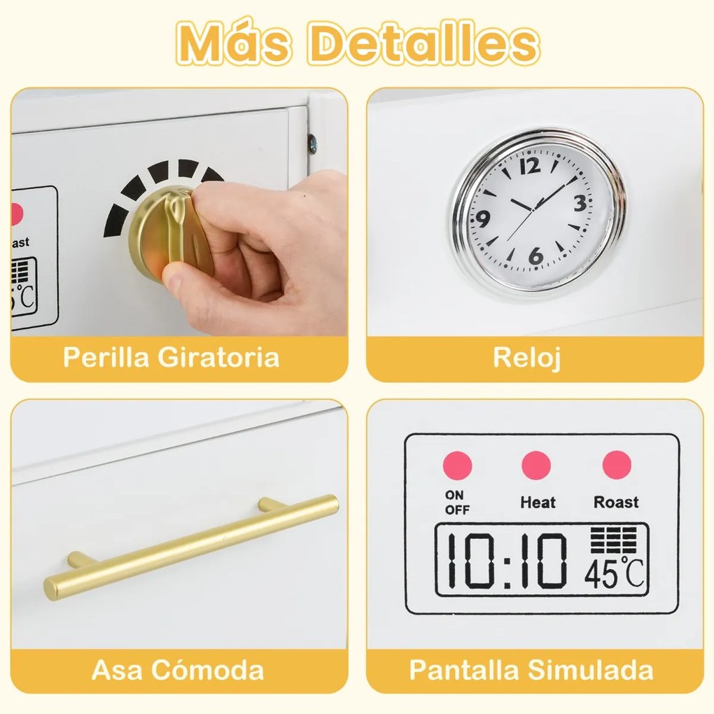 Cozinha para crianças 106,5 x 30 x 81 cm com frigorífico, fogão, máquina de gelo, máquina de lavar louça, lava-louças e relógio para crianças a partir