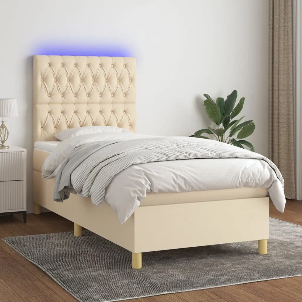 Cama box spring c/ colchão e LED 80x200 cm tecido cor creme