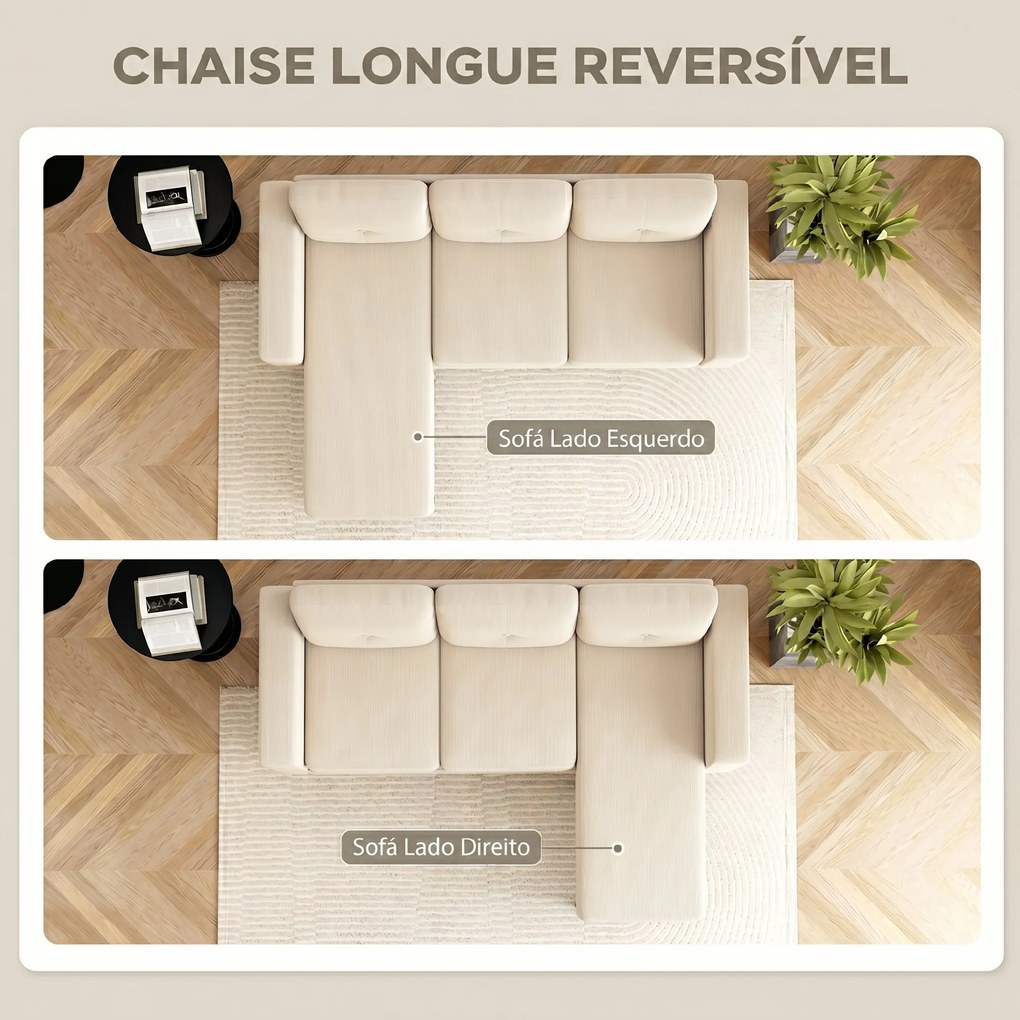 Sofá Chaise Longue Reversível de 3 Lugares Estofado em Veludo Estrutura de Aço Para Salas Pequenas Creme