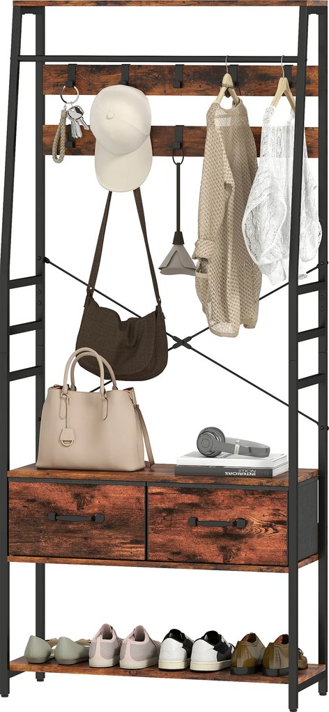 Móvel de entrada 6 em 1: cabideiro, varão para roupa, prateleira, 2 gavetas, 10 ganchos, 80 x 30 x 180 cm, castanho rústico