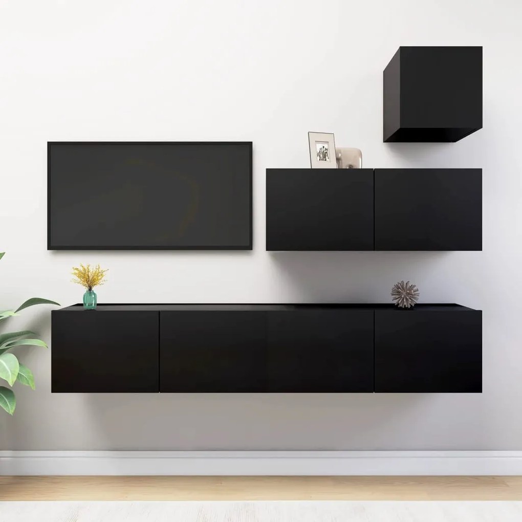 3078841 vidaXL 4 pcs conjunto de móveis de TV contraplacado preto