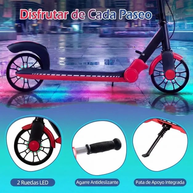 Trotinete dobrável para crianças +6 anos 2 rodas iluminadas com Guiador ajustável em 3 alturas Plataforma antiderrapante Vermelha