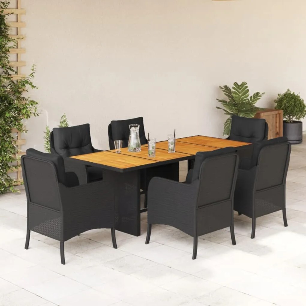 vidaXL 7 pcs conjunto de jantar p/ jardim c/ almofadões vime PE preto