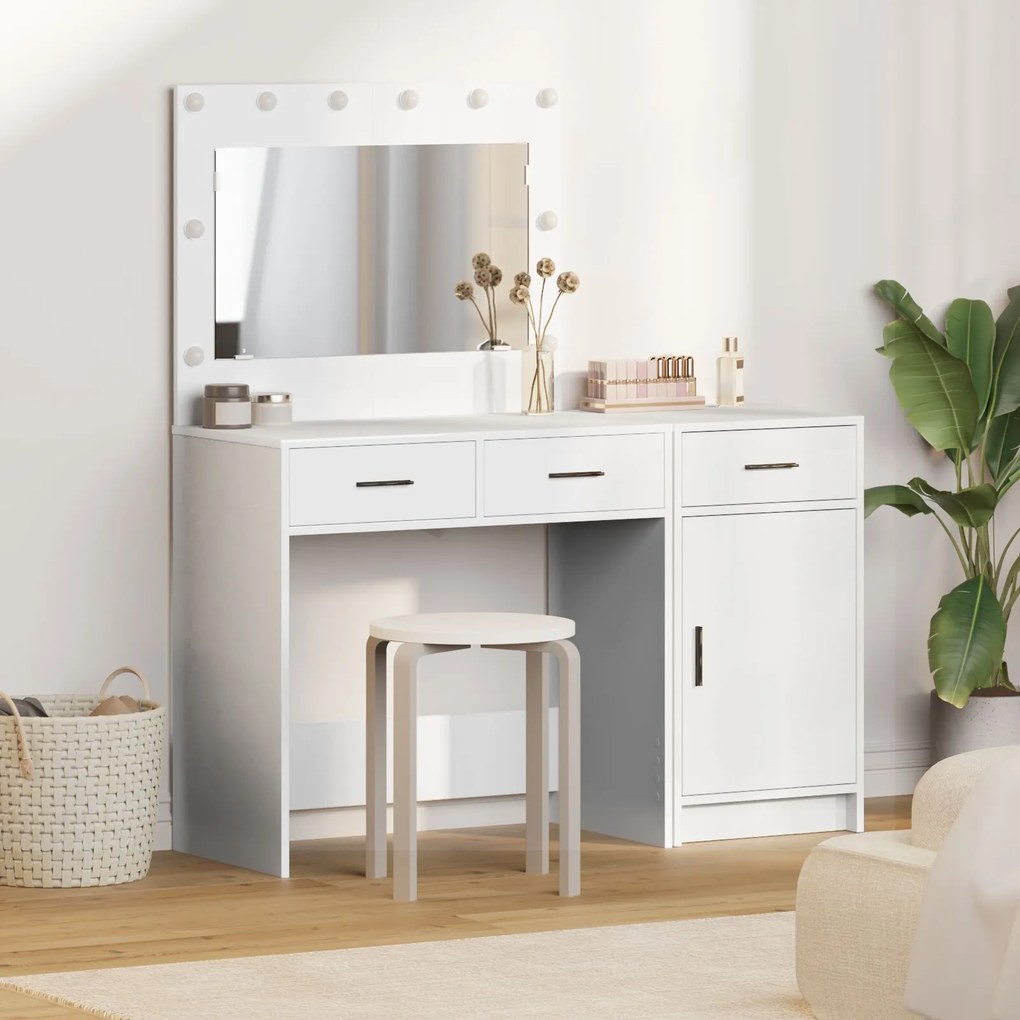 Conjunto de Mesa de Maquiagem de 2 Peças com LED em Madeira Branca