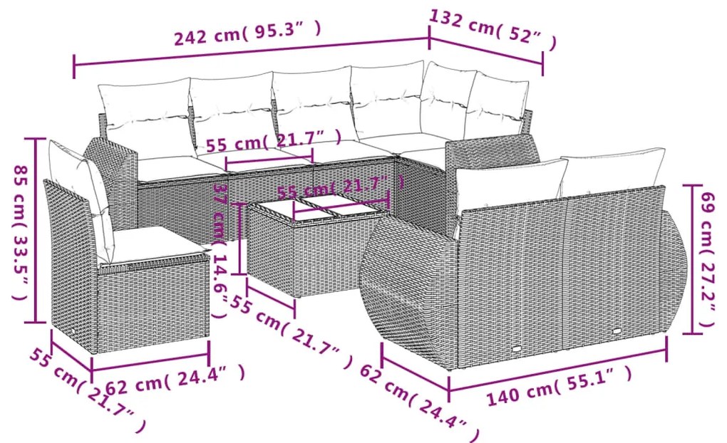 9 pcs conjunto de sofás p/ jardim com almofadões vime PE bege