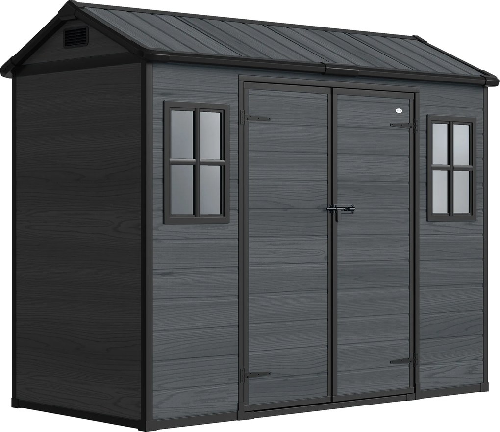 Outsunny Abrigo de Jardim Exterior 2,77 m² 244x131x201 cm com Base Portas com Fecho Janelas e Ventilação Cinzento Escuro | Aosom Portugal
