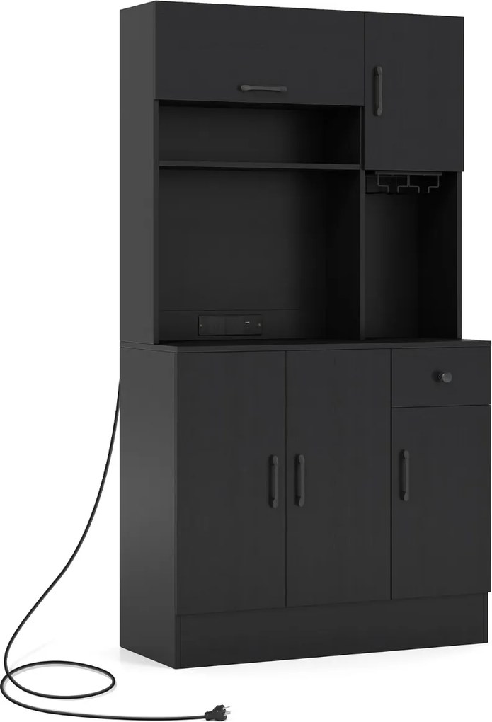 Armário despensa cozinha com 90 x 39 x 167 cm com tomadas elétricas com suporte para copos, gaveta e prateleiras ajustáveis preto